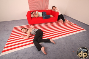 Handsome guy will have his clean asshole double fucked by two naughty young gays on a new sofa. Image 1